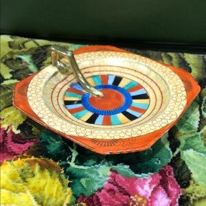 “Thousand Faces” Decorative Orange Multicolor Ceramic Dish with Handle